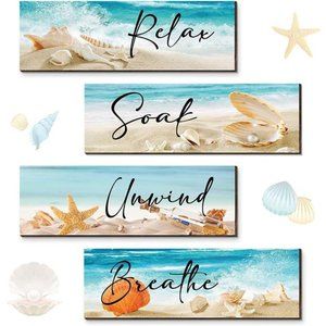 4Pieces Ocean Beach Bathroom Wall Decors Wood Relax Soak Unwind Breathe Wall Art